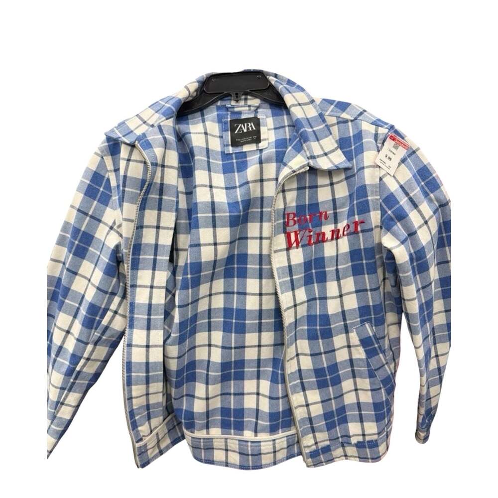 Zara Blue and White Plaid Born Winner Embroidered Zip Up Jacket